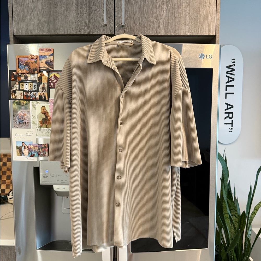 Zara Taupe Ribbed Button Down Shirt